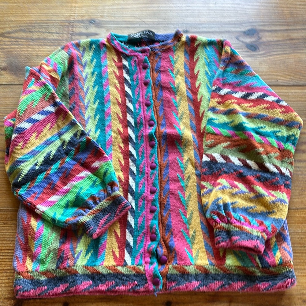 Maggie White colorful geometric cardigan sweater cotton/linen pockets like new.